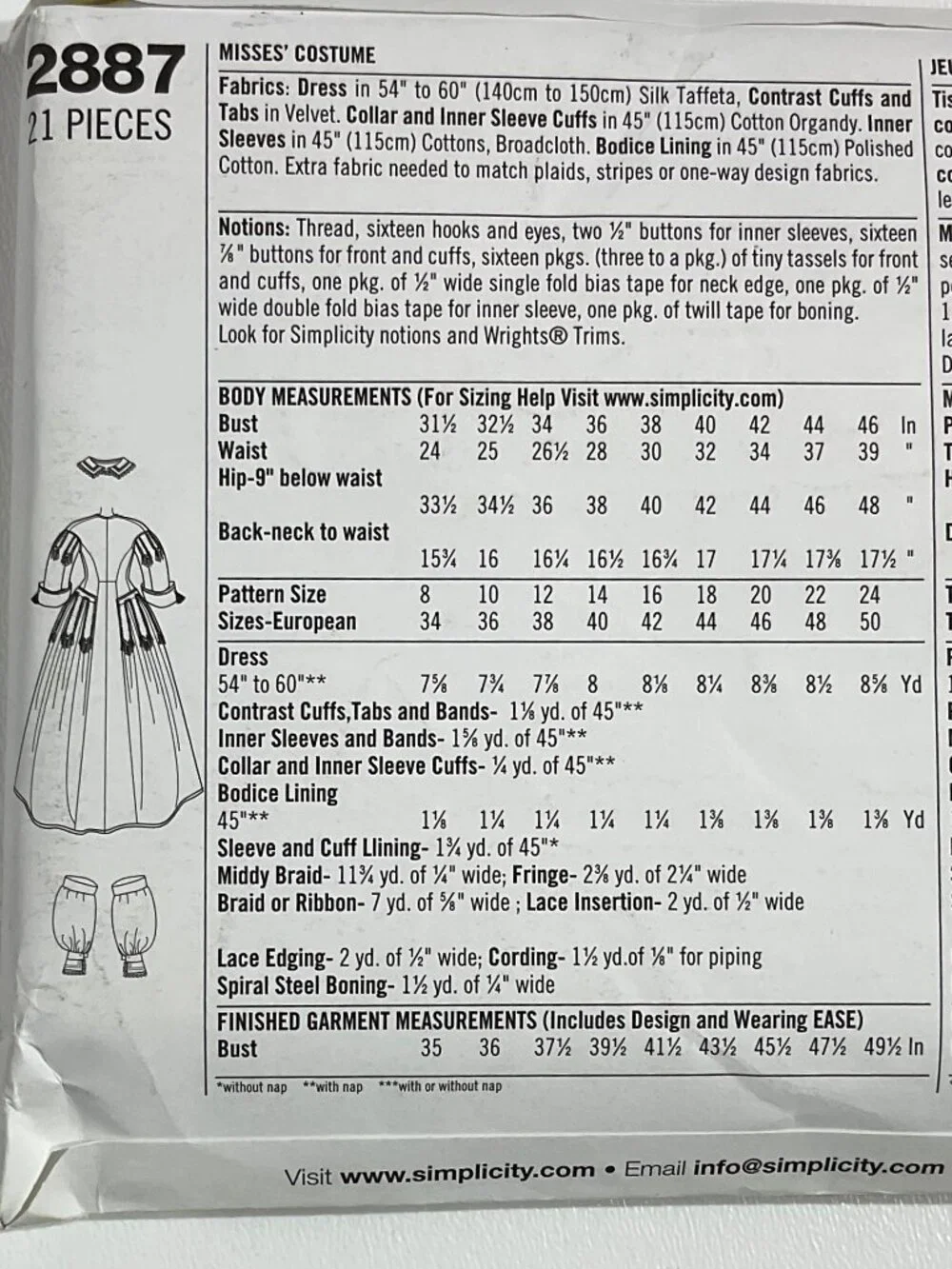 Uncut Simplicity 2887 1860s Civil War Dress 16, 18, 20, 22 Womens Sewing Pattern
